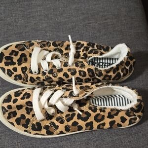 Brown and White Leopard Print Sneakers with White Soles